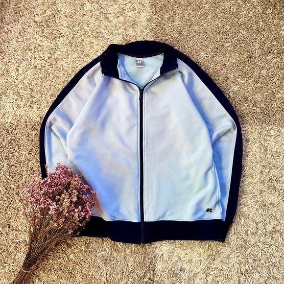 Vintage Russell Athletic Blue Zip Up Sweatshirt Pullover Stripes Women’s Size L - Picture 1 of 7
